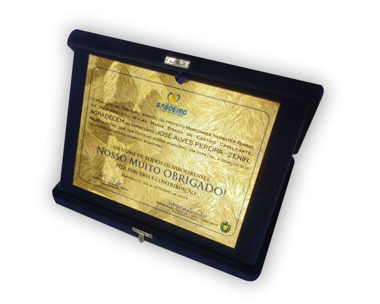 Maleta de veludo, placa de homenagem textura dourada para presentear title=